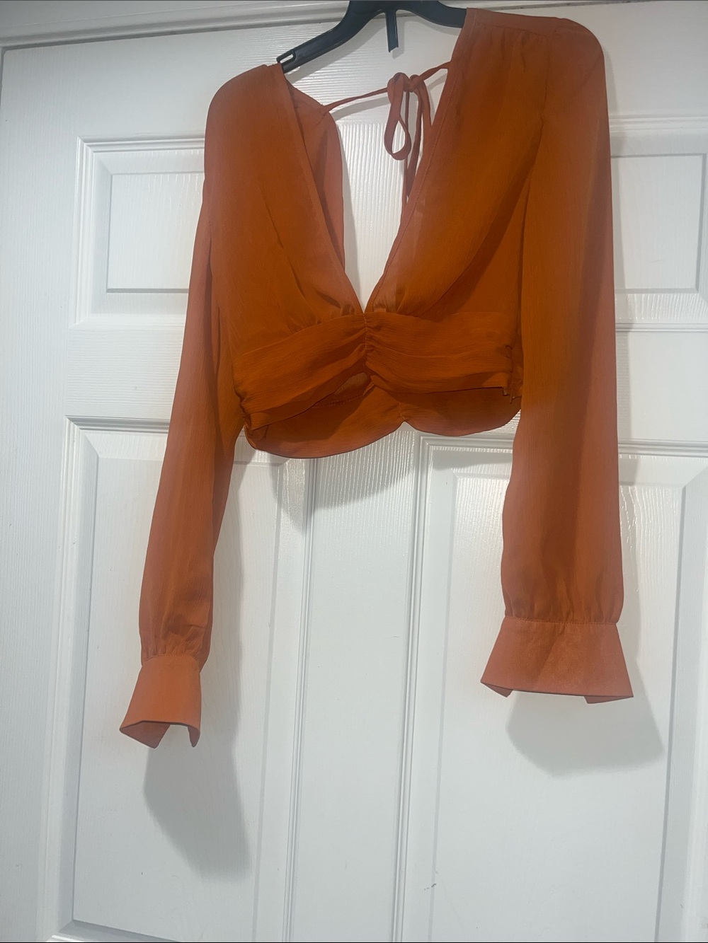 SHEIN Rust Orange Long-Sleeve Tie-Back Crop Blouse